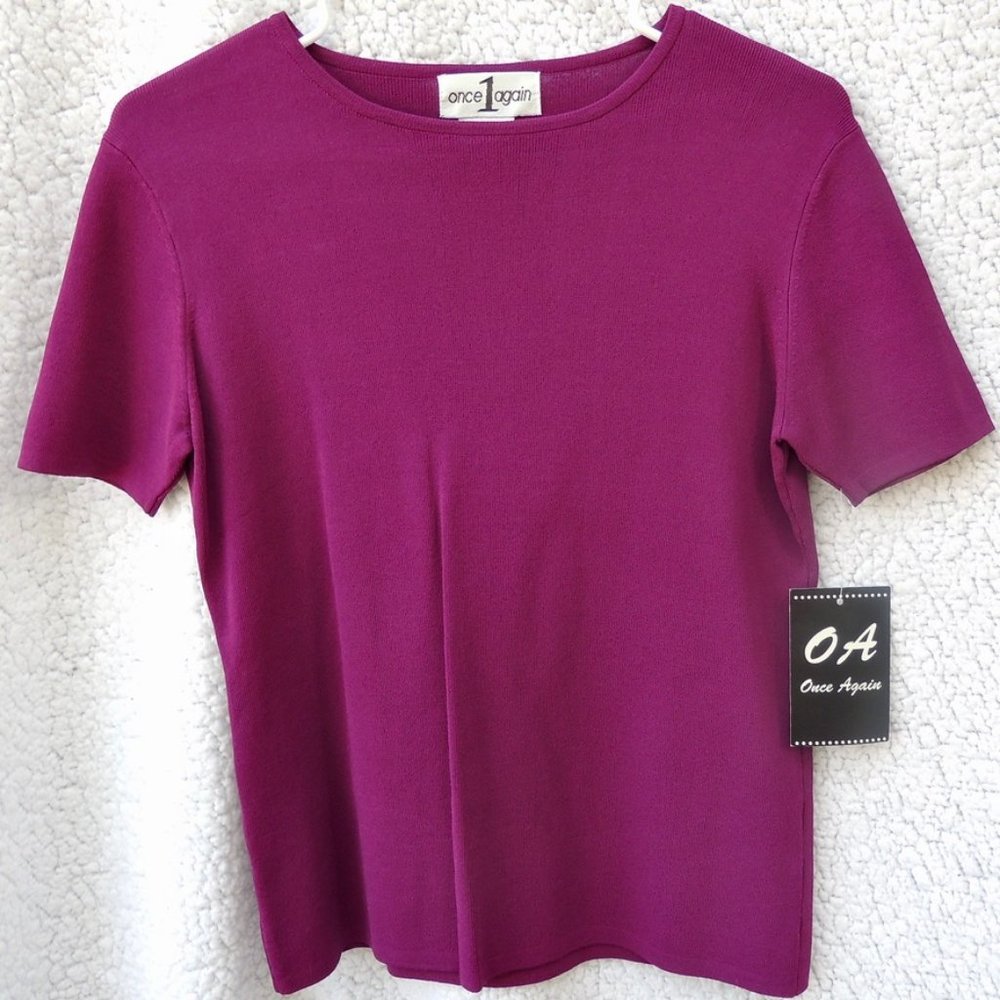 NWT Super Cute Solid Magenta Purple Pink Plain Short Sleeve Scoop Neck Top